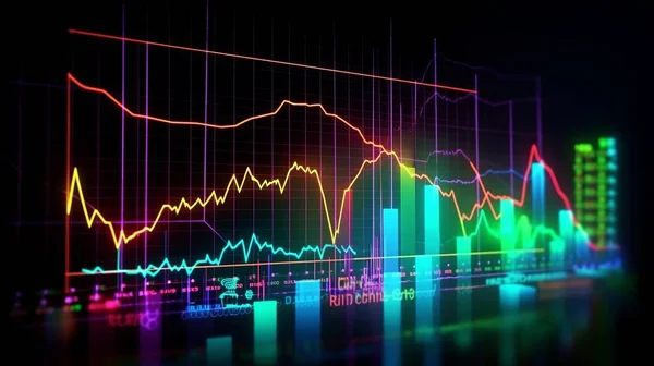 Stock market chart glowing on dark background. Growth stock diagram financial graph. Financial concept. Neon wallpaper. Stock trading concept. Exchange trading. Business marketing concept
