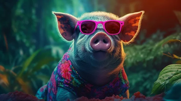 Fashion pig wearing sunglasses in stylish style. Fashion sketch. Realistic style. Stylish fashion frame. Holiday concept