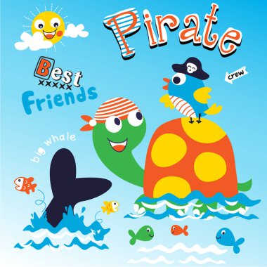 Mutlu korsan karikatürü. Denizdeki arkadaş karakterler.