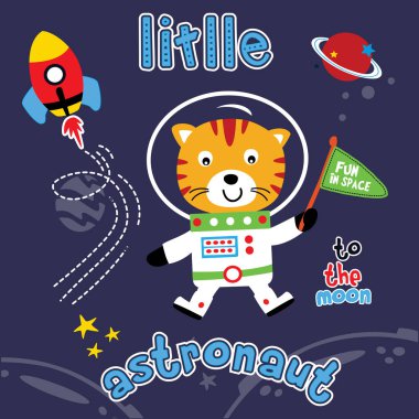 Uzay astronotu. Çocuklar için güzel bir çizgi film çizimi, bebek partisi, tişört, tekstil baskısı, tebrik kartı. Çocuklar için el çizimi harf tasarımı