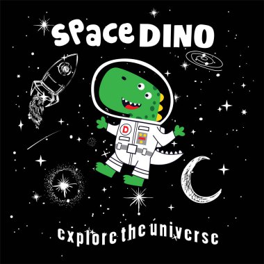 Yıldızların, gezegenlerin ve yıldızların arka planında küçük sevimli bir dinozor..