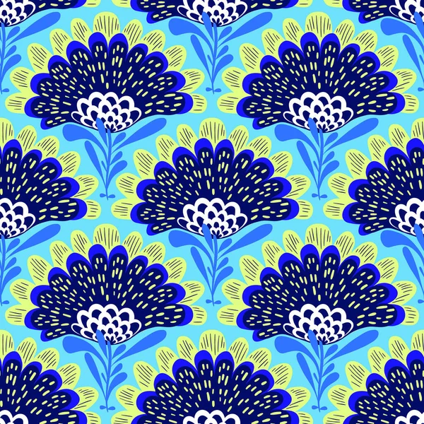 Vector Pattern Big Blue Flowers Damask Turkish Style Bright Colors — Διανυσματικό Αρχείο