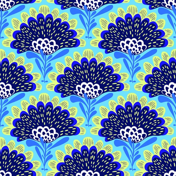Vector Pattern Big Blue Flowers Damask Turkish Style Bright Colors Векторная Графика
