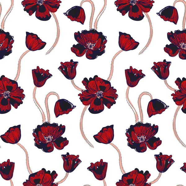 Poppies Florescendo Branco Padrão Sem Costura Vetorial Ilustrações De Stock Royalty-Free