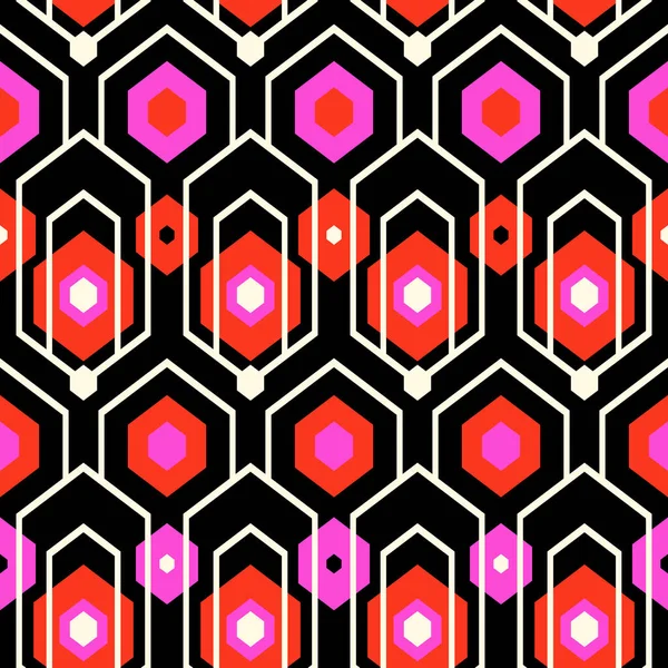 Motif Géométrique Avec Hexagones Chevrons Dans Style Rétro Milieu Siècle — Image vectorielle