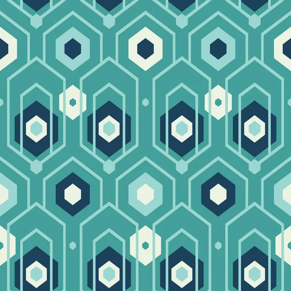 六角形と六角形の幾何学模様と明るい青緑の色でレトロなミッド世紀のスタイルのシェブロン ベクトルシームレスパターン — ストックベクタ