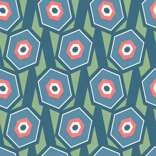 六角形の幾何学模様と明るい緑のピンク色のレトロなミッド世紀のスタイルのシェブロン ベクトルシームレスパターン — ストックベクタ