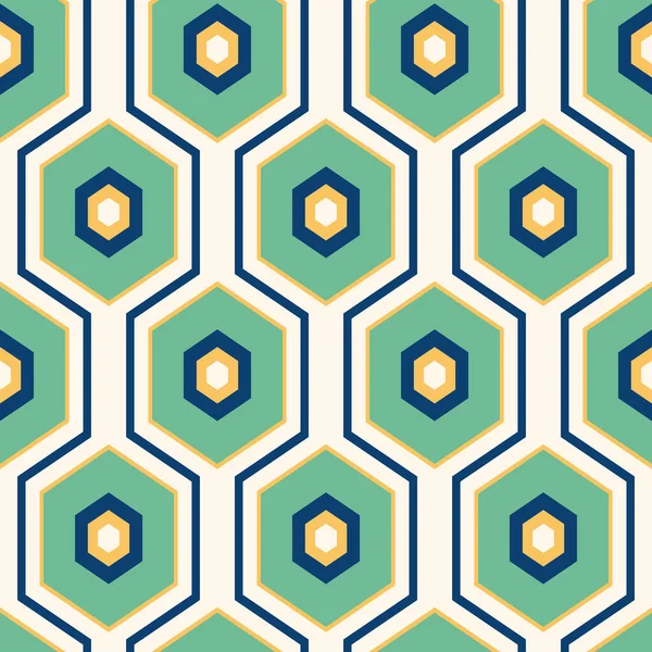 六角形と六角形の幾何学模様と明るい緑の青の色でレトロなミッド世紀のスタイルのシェブロン ベクトルシームレスパターン — ストックベクタ