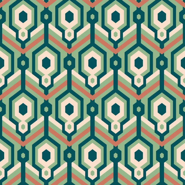緑の茶色の有機色でレトロなミッド世紀のスタイルで六角形やシェブロンを持つ幾何学的なパターン ベクトルシームレスパターン — ストックベクタ