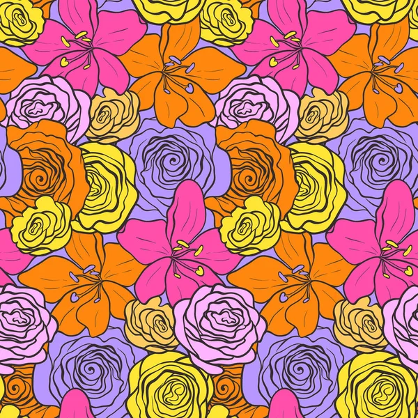 Bezešvé Vzory Tropických Barvách Bujné Květy Vektorové Květinové Pozadí Růžemi — Stockový vektor
