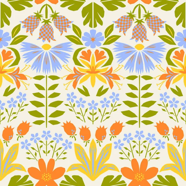 Colorful Retro Pattern Bright Flowers Floral Seamless Vector Background Vintage — Stock Vector