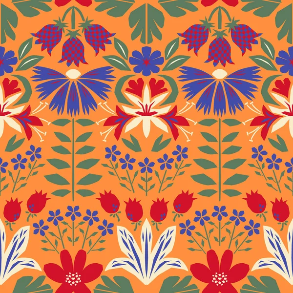 明るい花とカラフルなレトロなパターン 花のシームレスなベクトル背景 チューリップ デイジー 庭の花とヴィンテージ春の夏の印刷 — ストックベクタ