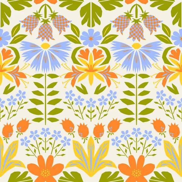Barevný Retro Vzor Jasnými Květy Květinové Bezešvé Vektorové Pozadí Ročník Stock Ilustrace