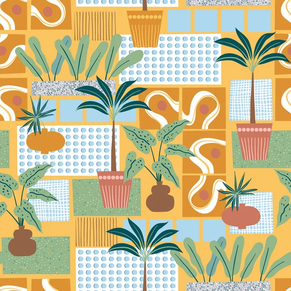 1960 Ların Desenleri Renkli Karolar Saksı Bitkileri Palmiyeler Renk Blokları — Stok Vektör