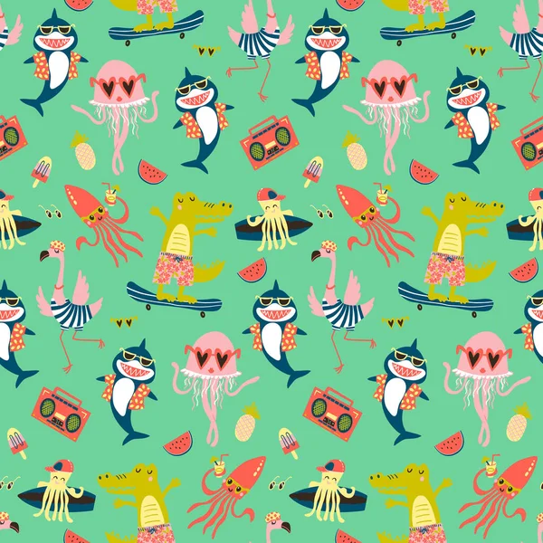 Vektor Nahtlose Muster Für Kinder Badebekleidung Mit Haien Krokodilen Flamingos — Stockvektor