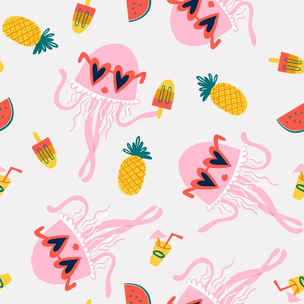 Vektornahtloses Muster Mit Tropischen Quallen Sonnenbrille Ananas Getränken Wassermelonen Eis — Stockvektor