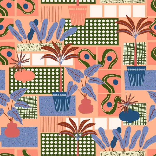 1960 Patrón Interior Con Azulejos Color Bloqueado Plantas Macetas Palmas — Archivo Imágenes Vectoriales