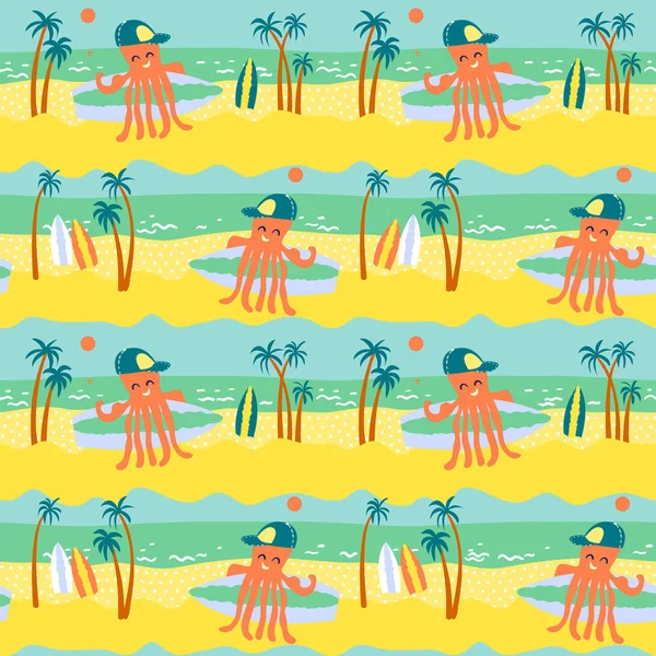 Vektornahtloses Muster Mit Kraken Mit Surfbrettern Einem Strand Mit Palmen — Stockvektor