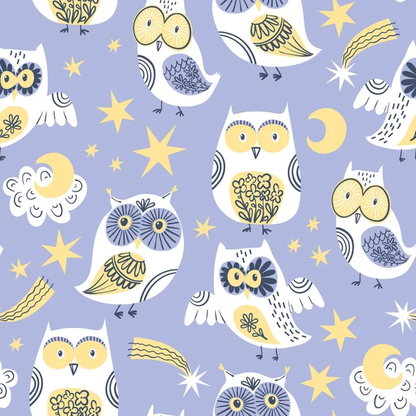 White Cute Little Owls Stars Seamless Vector Pattern Birds Moon — Stock Vector