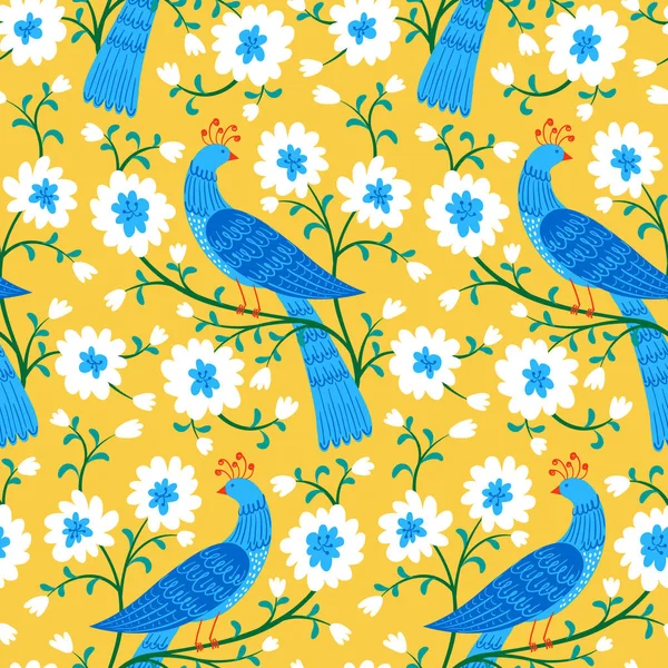 Niebieskie Ptaki Gałęziach Kwitnącego Drzewa Płynny Wzór Wektora Jasnych Kolorach — Wektor stockowy