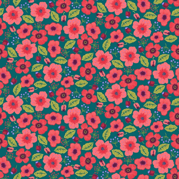 无缝隙的矢量图案 红色的小花 带有罂粟 叶子的复古印刷品 春夏背景 — 图库矢量图片