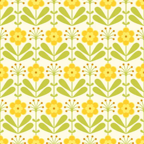 Retro Daffodils Vector Simple Floral Pattern Yellow Flowers Leaves Seamless — Stock Vector