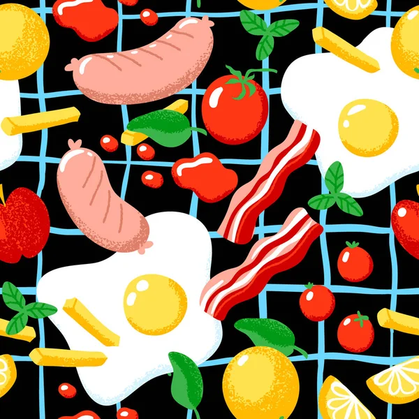 Αμερικάνικο Πρωινό Έντονο Σχέδιο Αυγά Λουκάνικα Ντομάτες Κέτσαπ Και Πατάτες — Διανυσματικό Αρχείο