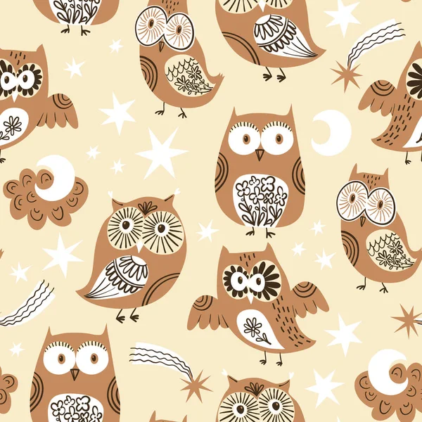 White Cute Little Owls Stars Seamless Vector Pattern Birds Moon — Stock Vector
