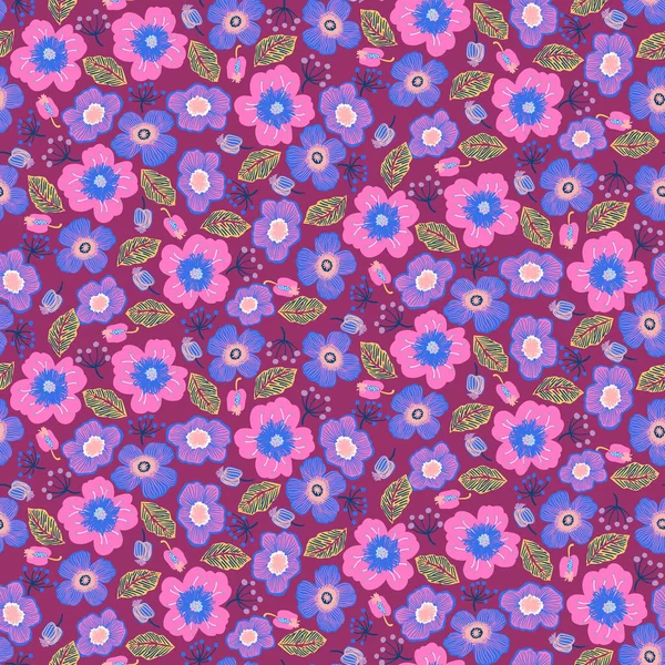 Безшовний Векторний Візерунок Маленькими Рожевими Квітками Дици Ретро Друк Маками — стоковий вектор