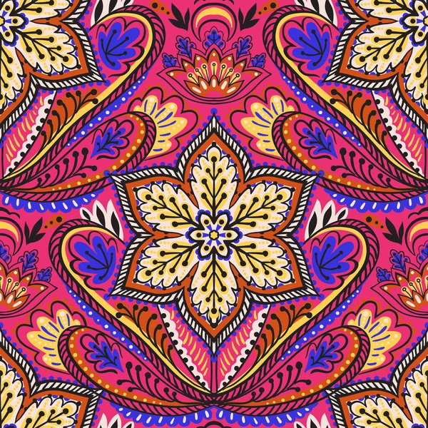 Paisley Damastblume Nahtloses Vektormuster Mit Damastmotiven Und Mandalablüten Bunte Hintergrund — Stockvektor