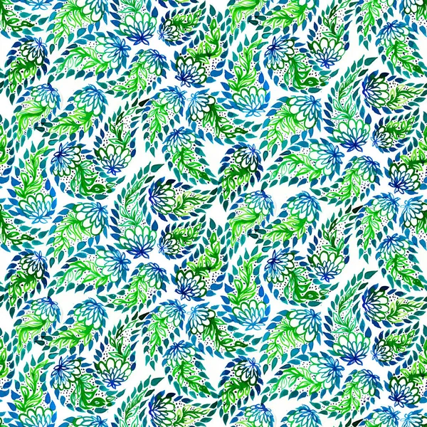 Зеленые Оттенки Синего Акварельной Пайетке Акварель Paisley Орнамент Бесшовный Ручной — стоковое фото