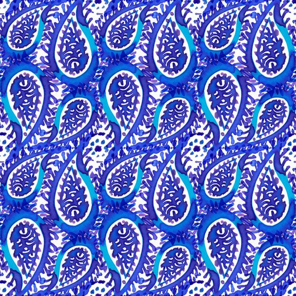Aquarelle Bleue Paisley Fond Sans Couture Impression Textile — Photo