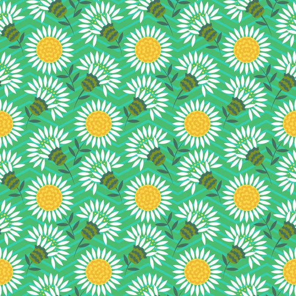 Papatya Çiçekleri Yeşil Sembollü Vektörsüz Orta Yüzyıl Tasarımı Geometrik Şekilli — Stok Vektör