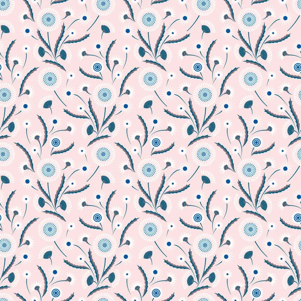 ピンクの背景にデイジーの花とベクトルシームレスミッドセンチュリーデザイン 幾何学的な形のファッション花のプリント — ストックベクタ