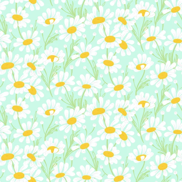 Vector Seamless Cute Design Daisy Flowers Mint Green Background Fashion — Stock Vector