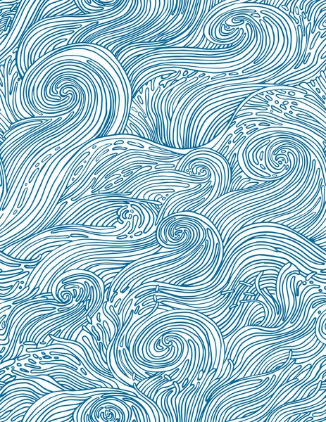Бесшовный Векторный Морской Узор Большими Волнами Линейном Стиле Белым Синим — стоковый вектор