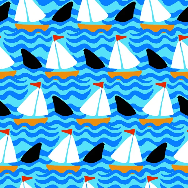 Seamless Vector Nautical Pattern Boats Sails Shark Fins — Stock Vector
