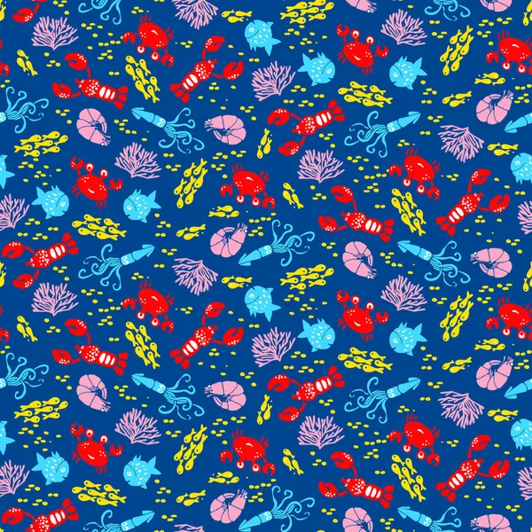 漁師の夢 ロブスター イカやサンゴとベクトルシームレスなパターン 子供のためのカラフルなプリント水着 — ストックベクタ