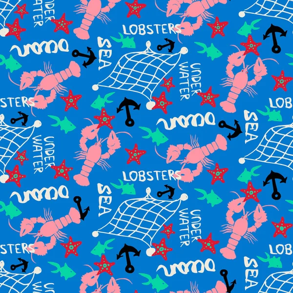 Pink Lobsters Sea Stars Nautical Seamless Vector Pattern Coastal Design — Stock Vector