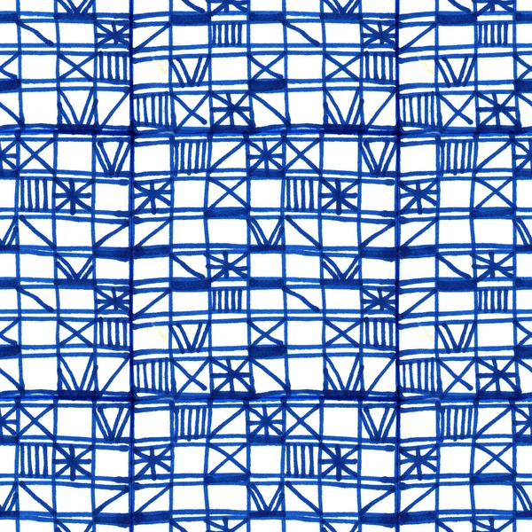 Vintage Niebieskie Kwadraty Bezszwowe Ręcznie Rysowane Tekstury Niebieskimi Liniami Akwarelowymi — Zdjęcie stockowe