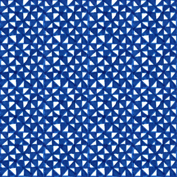 蓝色瓷砖镶嵌 手绘纹理无缝 带有蓝色水彩画三角形 简易设计 有正方形 格子背景的家居装饰 纺织品 — 图库照片