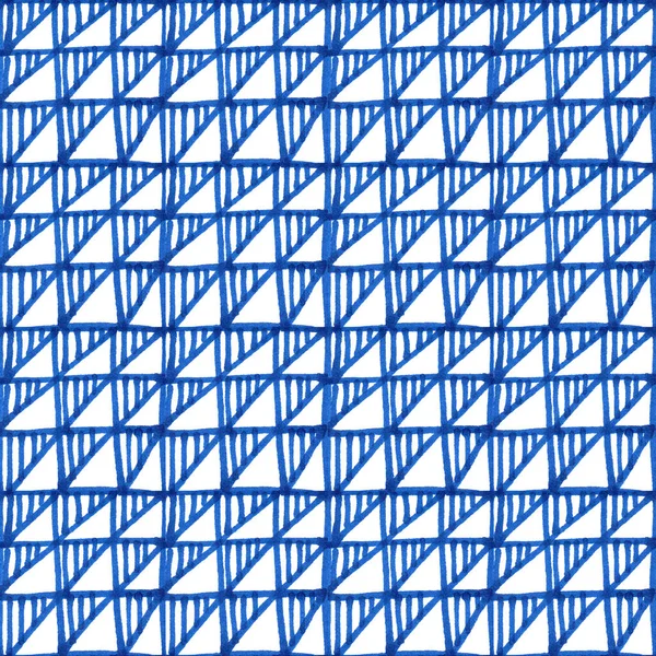 Crosshatched squares, , seamless hand drawn texture with blue watercolor triangles. Simple design with squares, checks, crosses, plaid background for home decor, textile, fabric