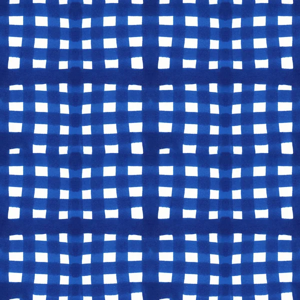 蓝色手绘格子布 手绘纹理无缝 水彩线为蓝色 简单的设计 有正方形 格子背景 家居装饰用姜黄图案 纺织品 — 图库照片