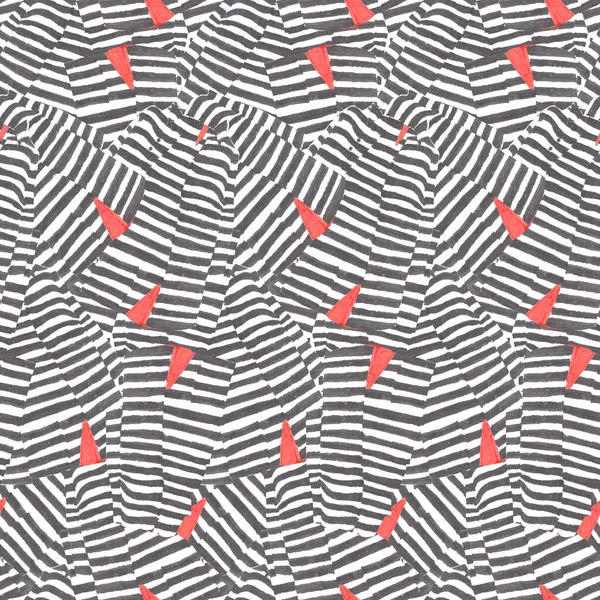 Grey stripes and red triangles, seamless hand drawn texture with lines, triangles and stripes