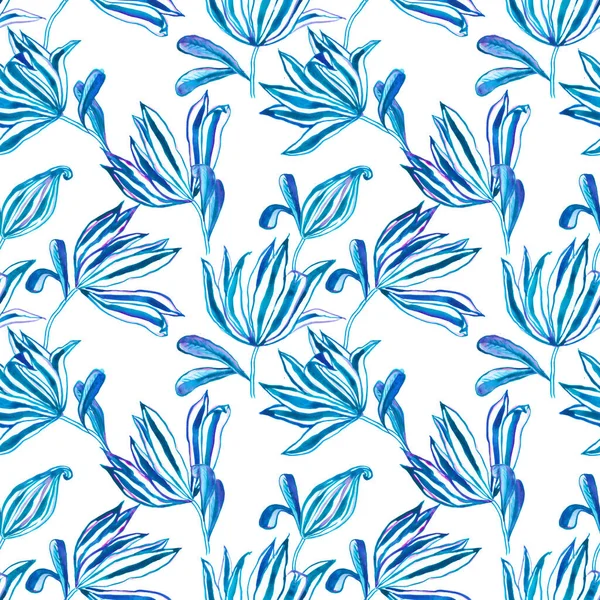 Blauw Porselein Bloemen Tuin Geïnspireerd Naadloze Aquarel Bloemenpatroon Met Hand — Stockfoto