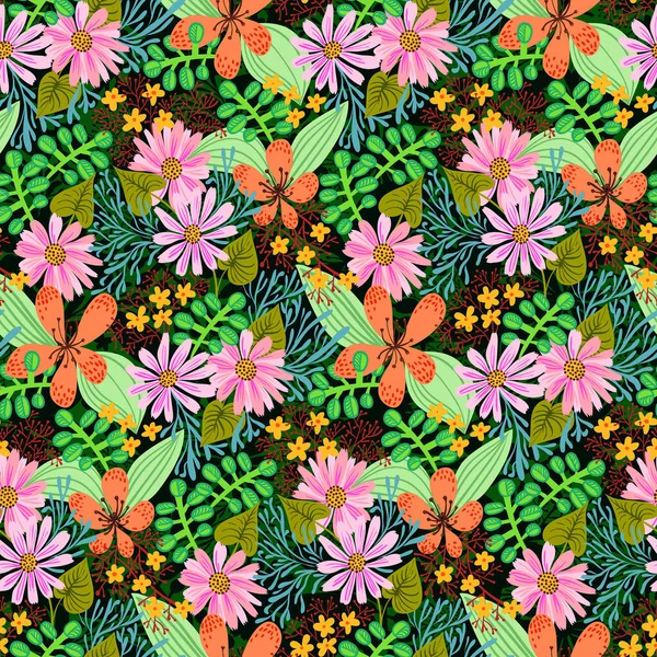 Kleurrijke Zomertuin Naadloos Vectorpatroon Met Bloemen Bloemen Achtergrond Met Lelies — Stockvector