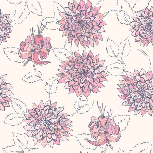 Hand Drawn Vector Sketched Flowers Seamless Floral Vector Pattern — Stock Vector