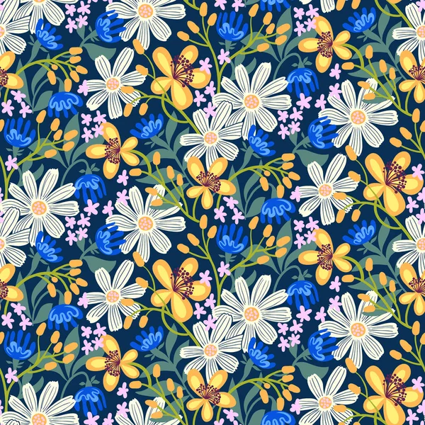花型花型 白色和蓝色花朵 叶在深色背景上 无缝隙病媒 — 图库矢量图片