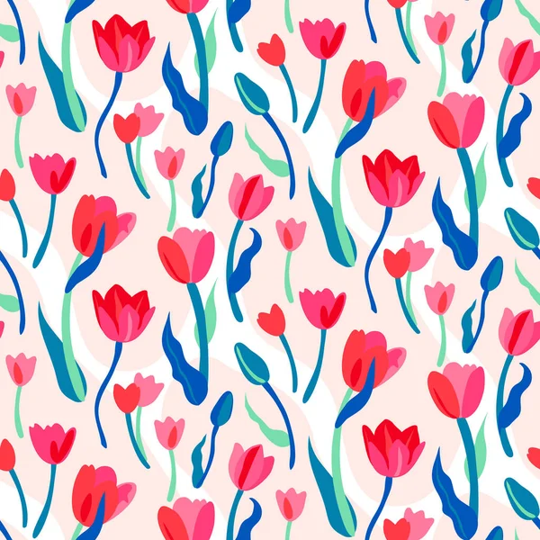 Tulips Bloom Vector Seamless Pattern Flowers Bright Pink Colors Summer — Stock Vector