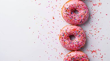 Beyaz arka planda serpiştirilmiş tatlı çilekli çörekler.,